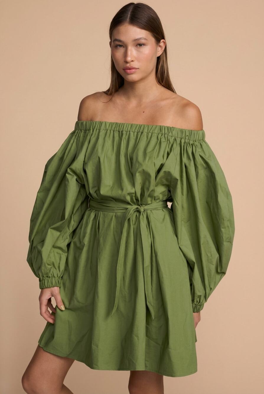 Mikoh Cleo Olive Grove Cotton Oversized Off-Shoulder Mini Dress, size 3/US10